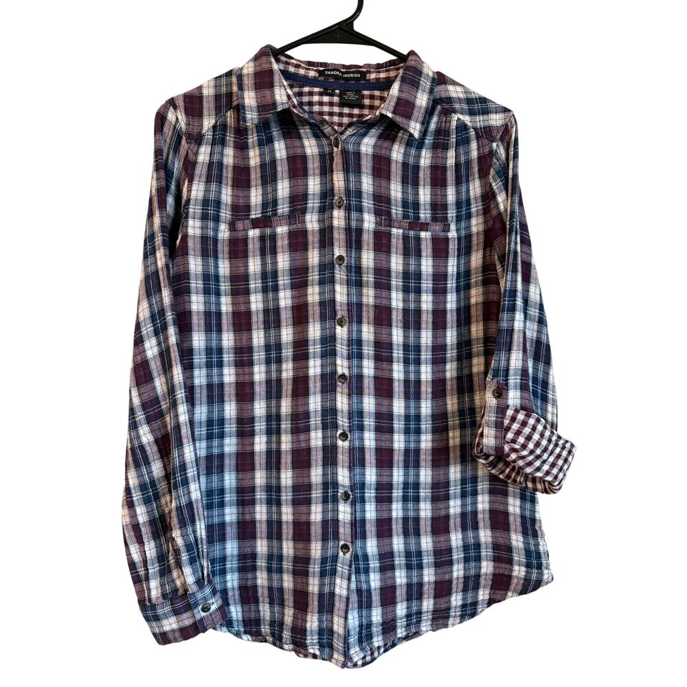 Sandra Ingrish Plaid Shirt Size M Gingham Cotton Buttonup Roll-tab Blue Burgundy
